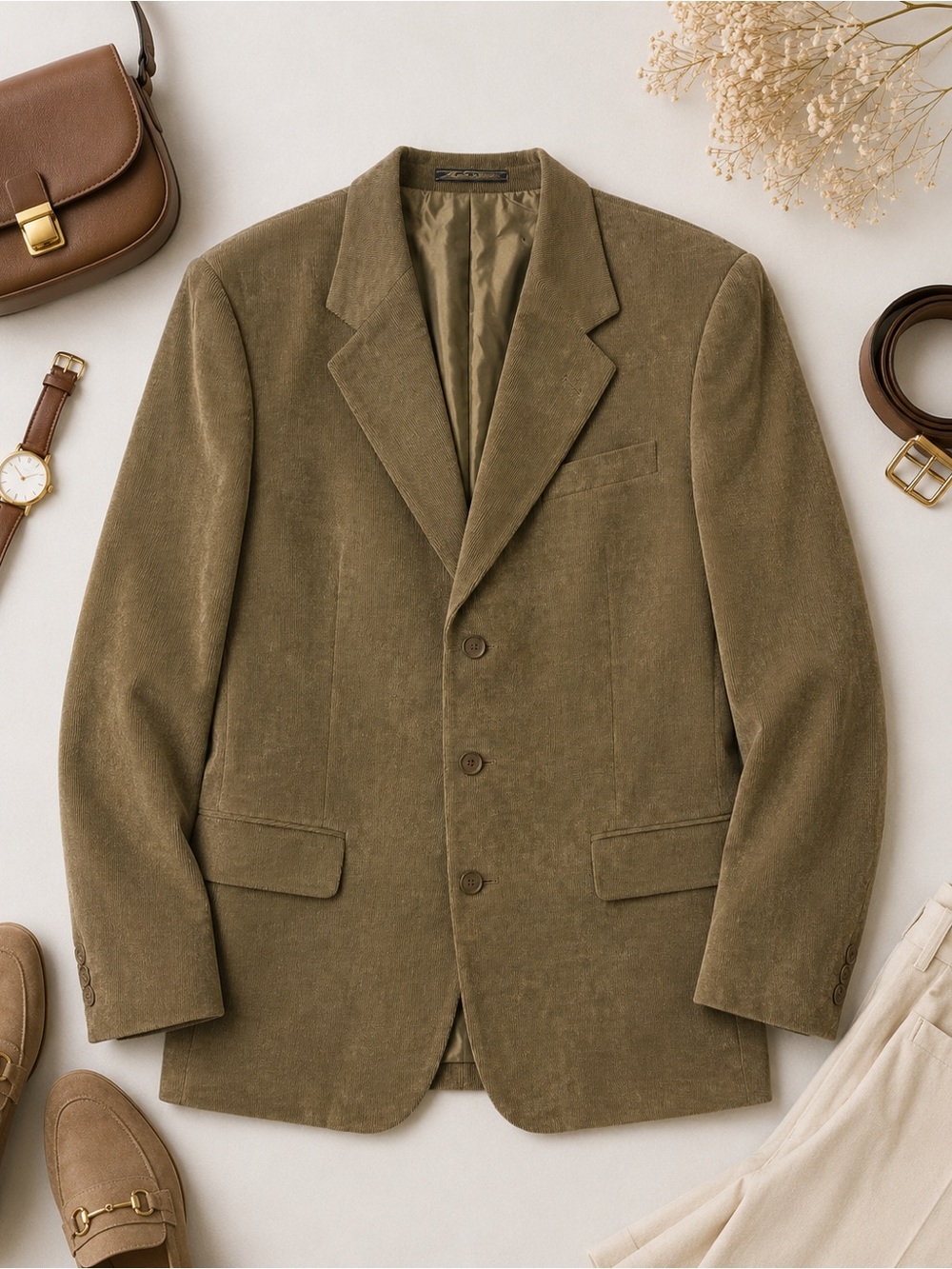 Olive Corduroy Three-Button Blazer